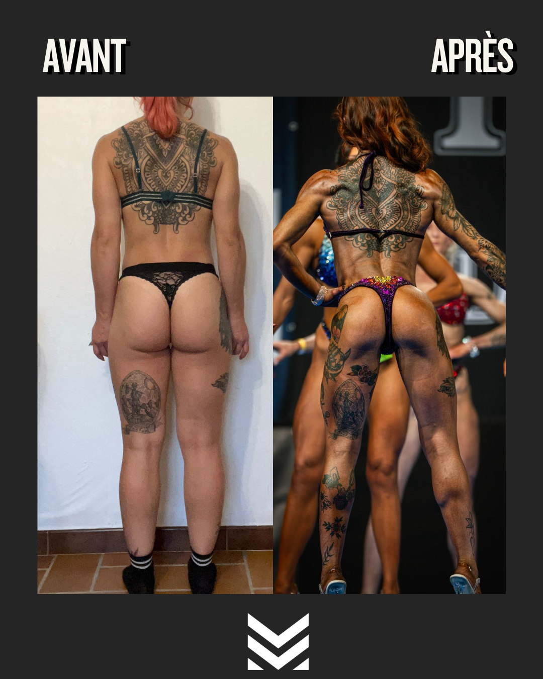 Transformation avant/après : athlète féminine, pose de dos