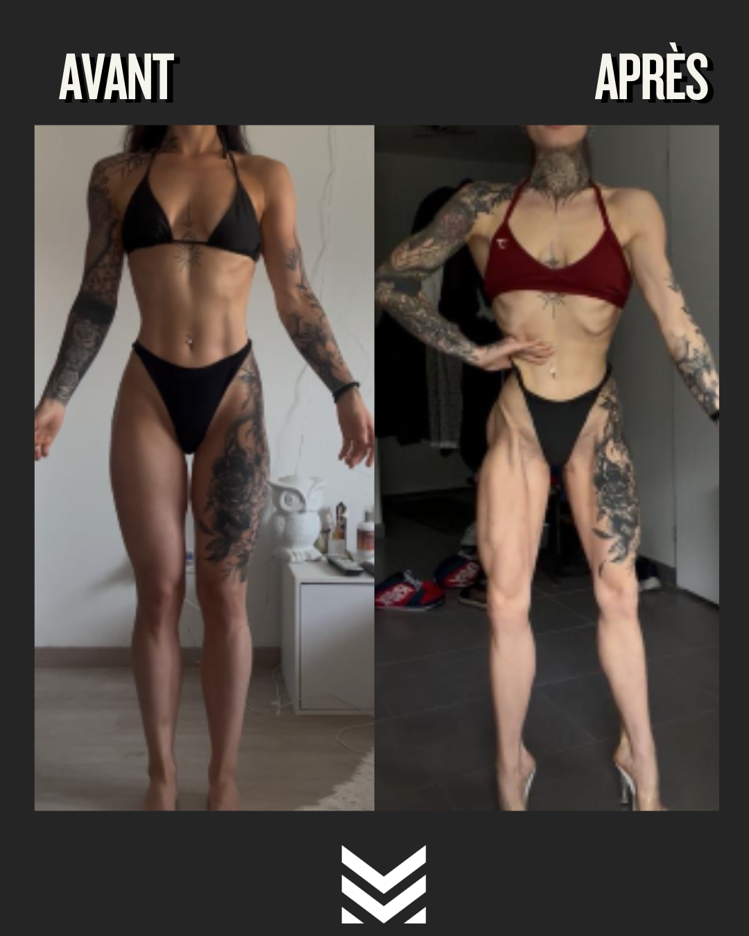 Transformation avant/après : athlète féminine, pose de face