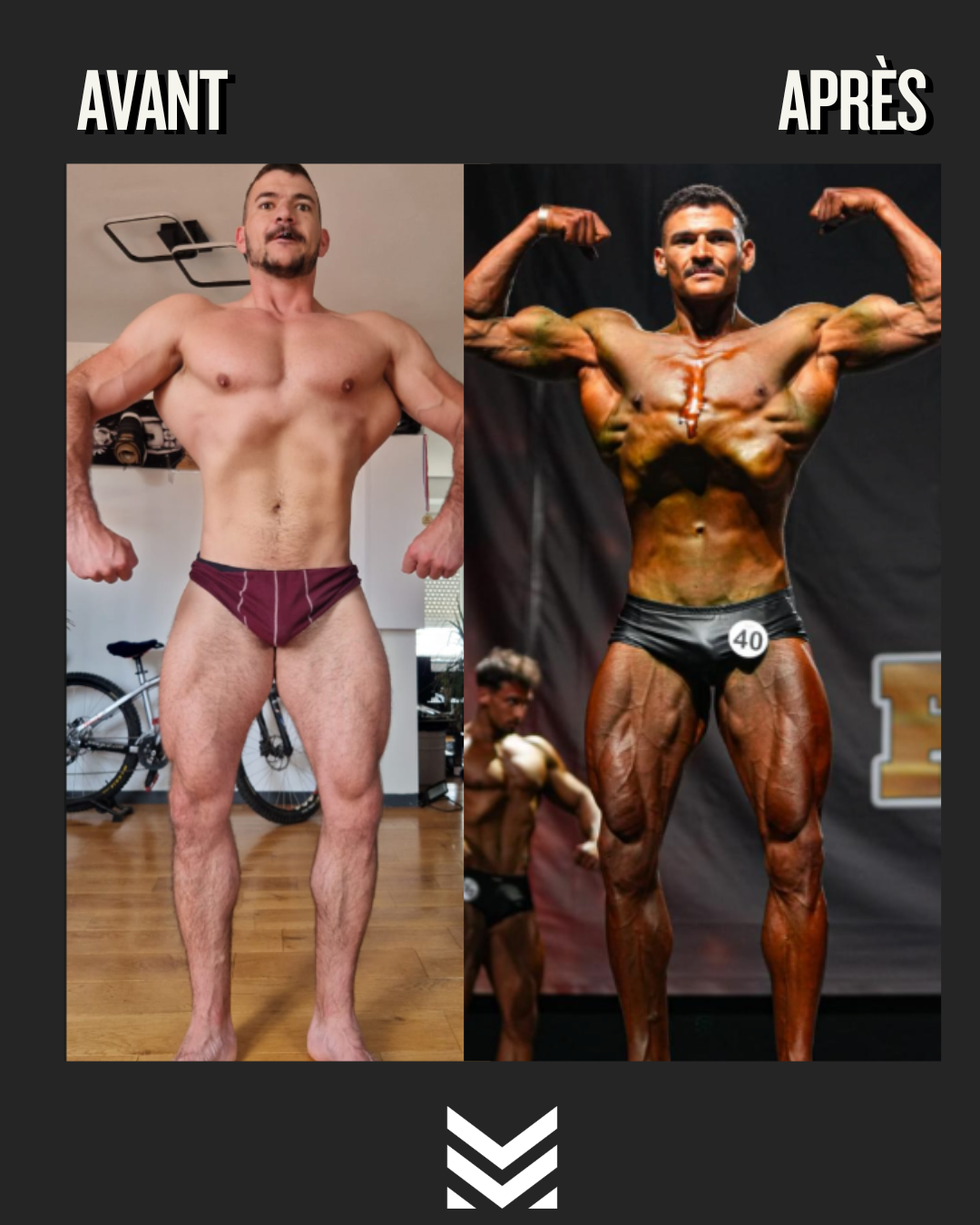 Transformation avant/après : double biceps sur scène