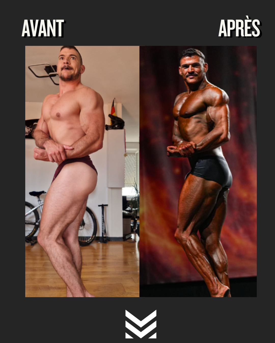 Transformation avant/après : pose side chest sur scène